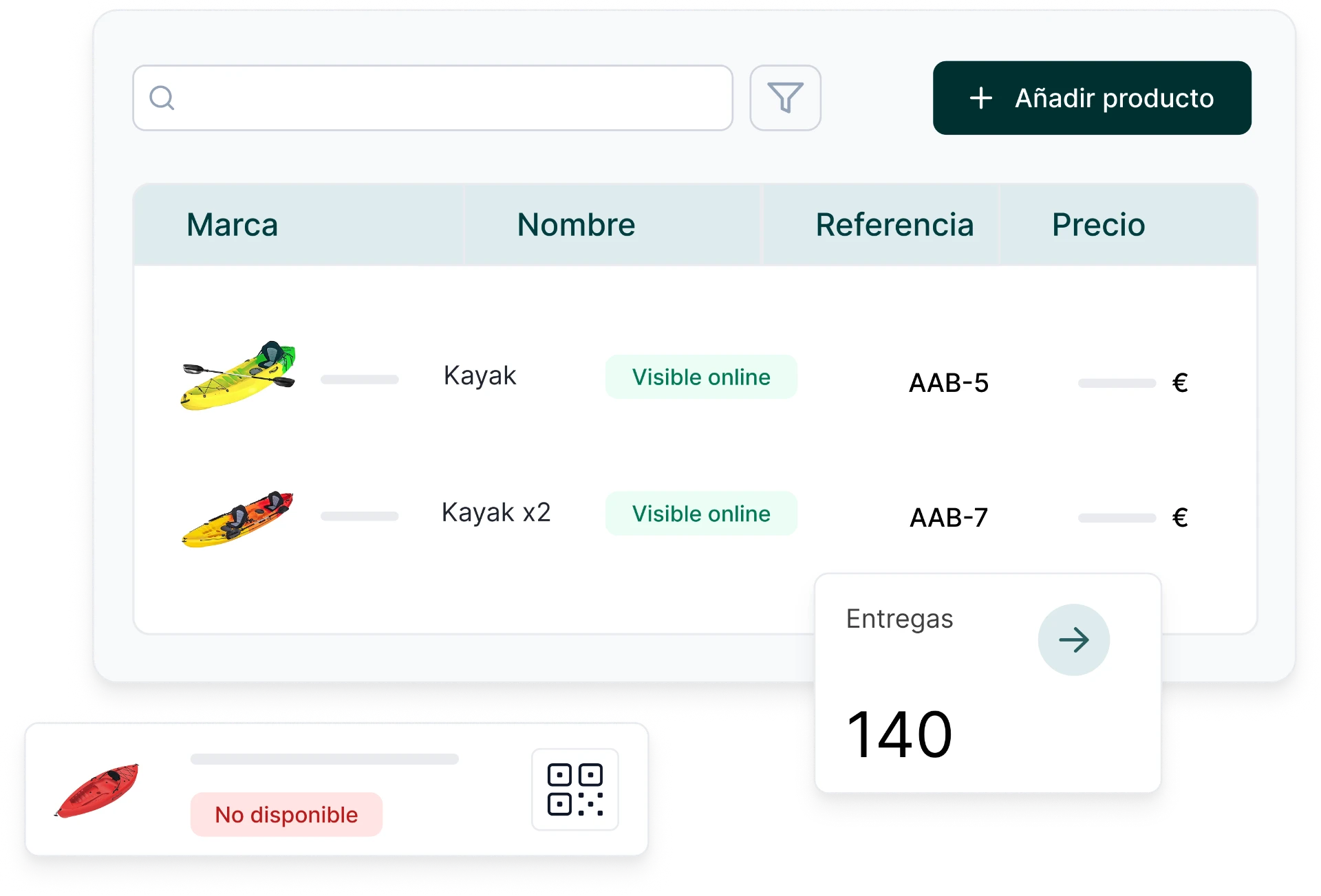 Lista de inventário de kayaks com estado e disponibilidade