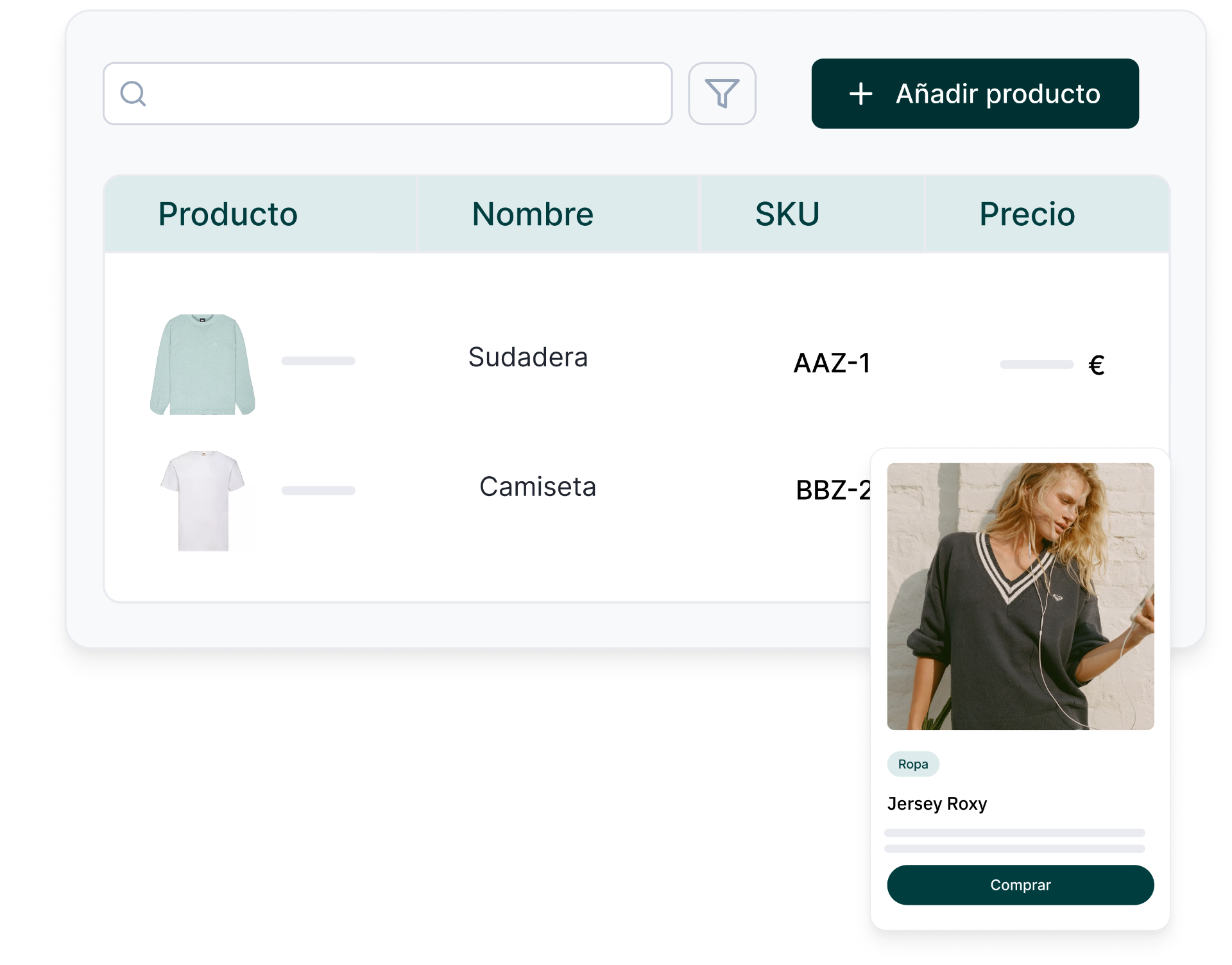 Catálogo de equipamiento y merchandising con tallas, SKU y precio