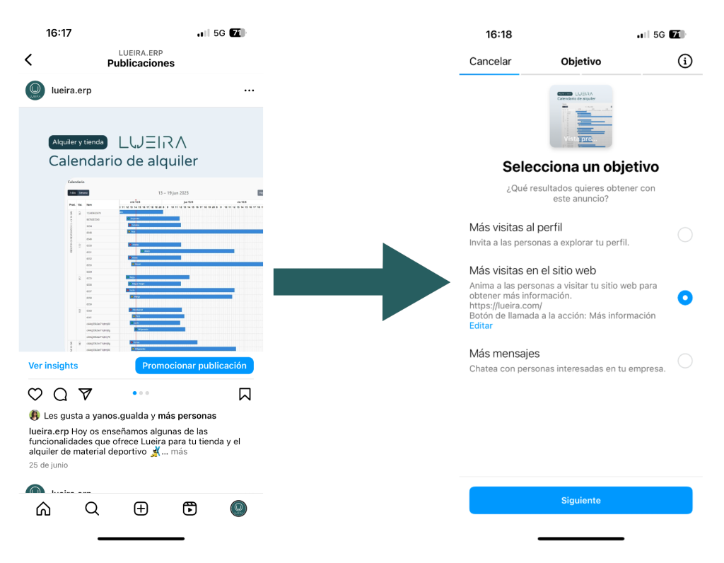 Proceso Instagram Ads: publicación y selección de objetivo