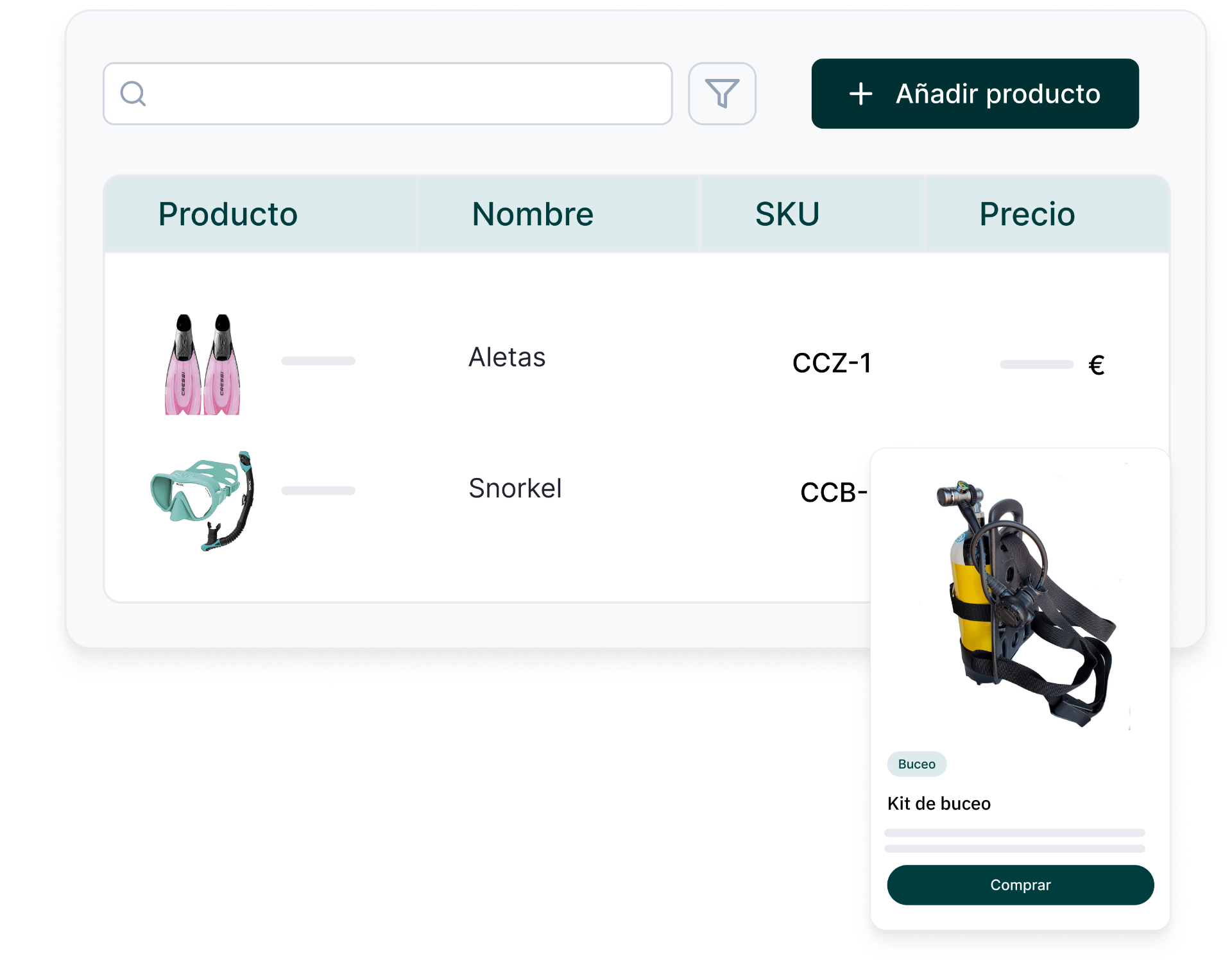 Catálogo de productos de buceo con tallas, SKU y precio