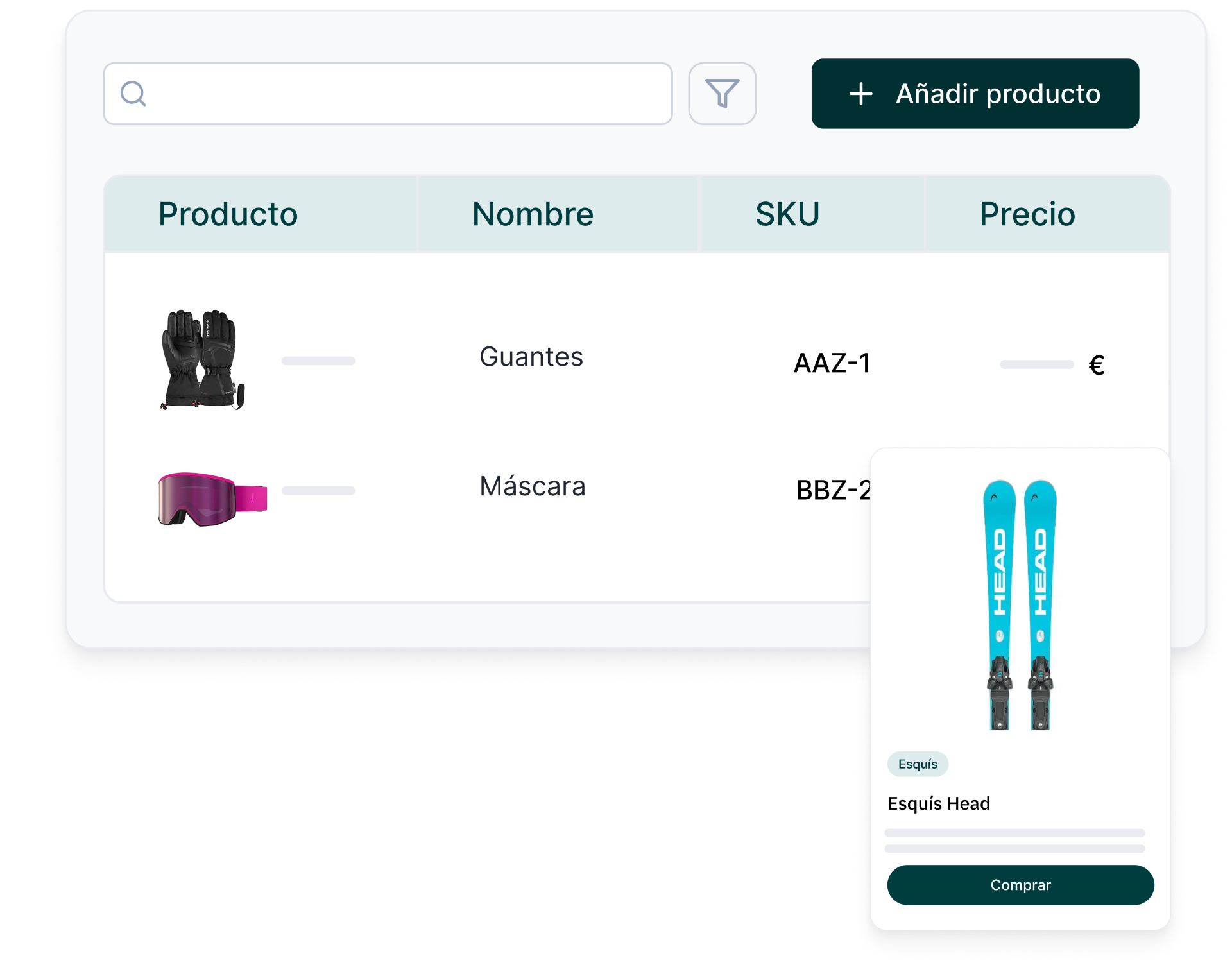 Catálogo de equipamiento de esquí con tallas, SKU y precio
