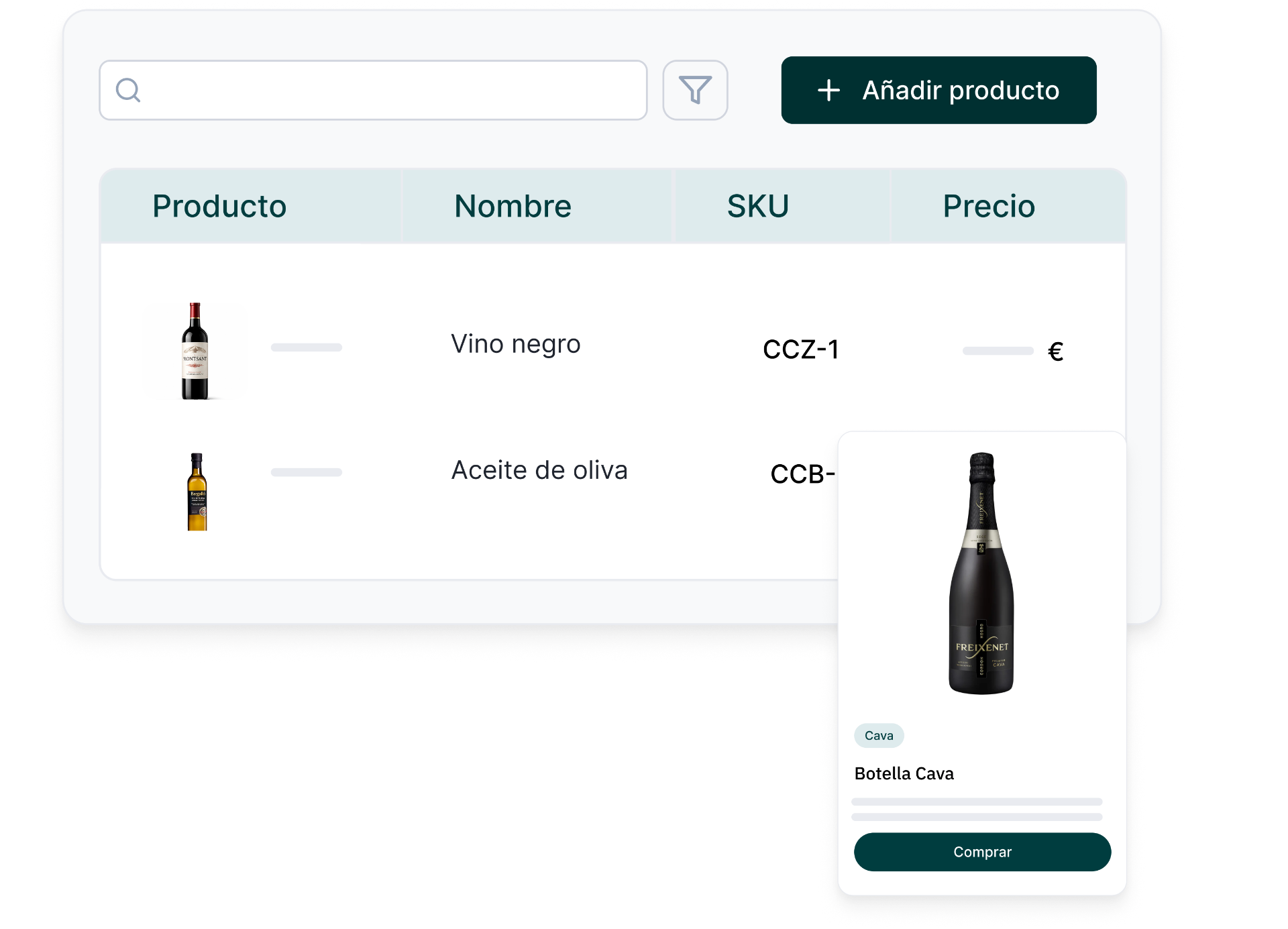 Catálogo de vinos y aceites con SKU y precio