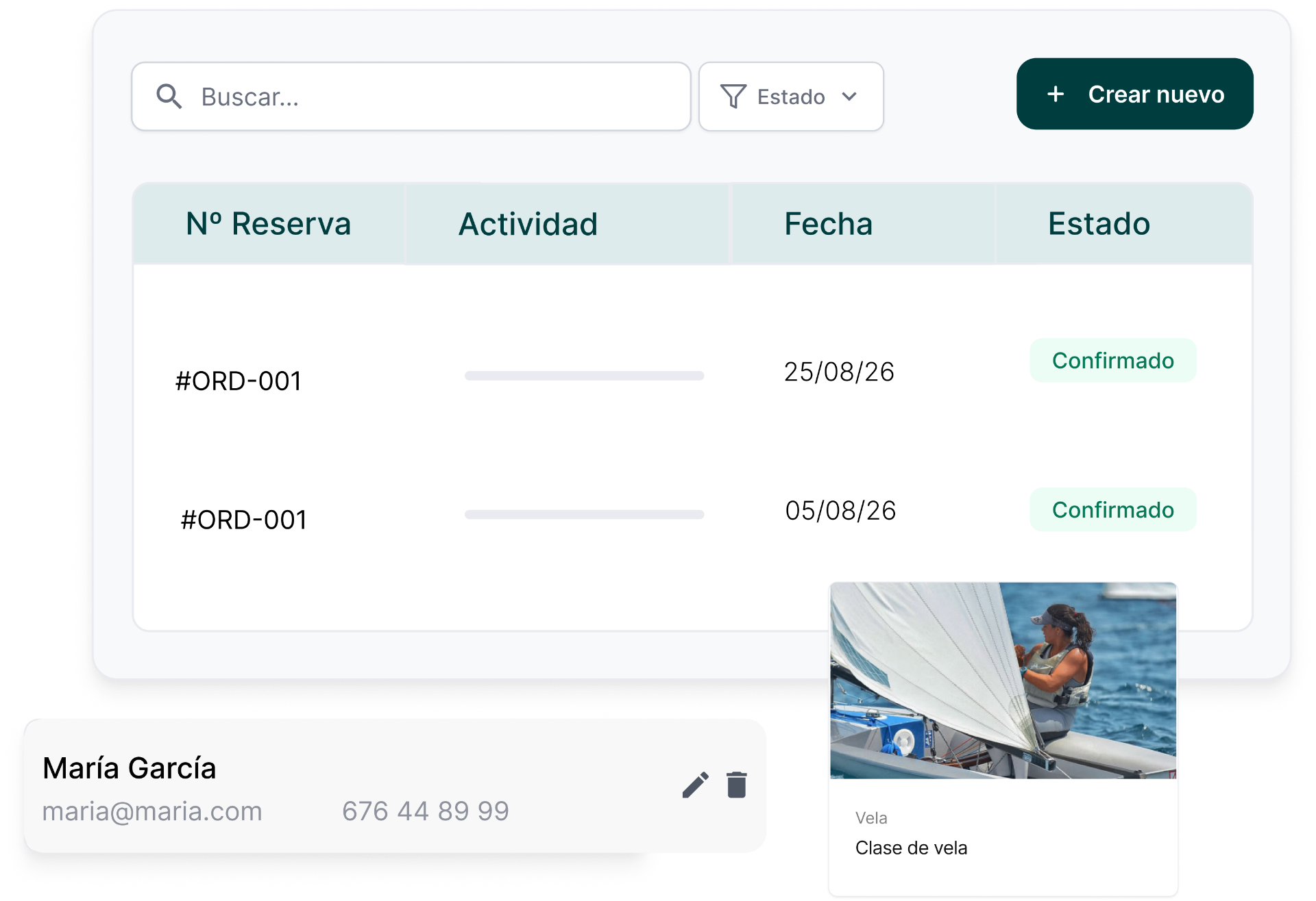 Panel de gestión de reservas para partners de escuela de vela