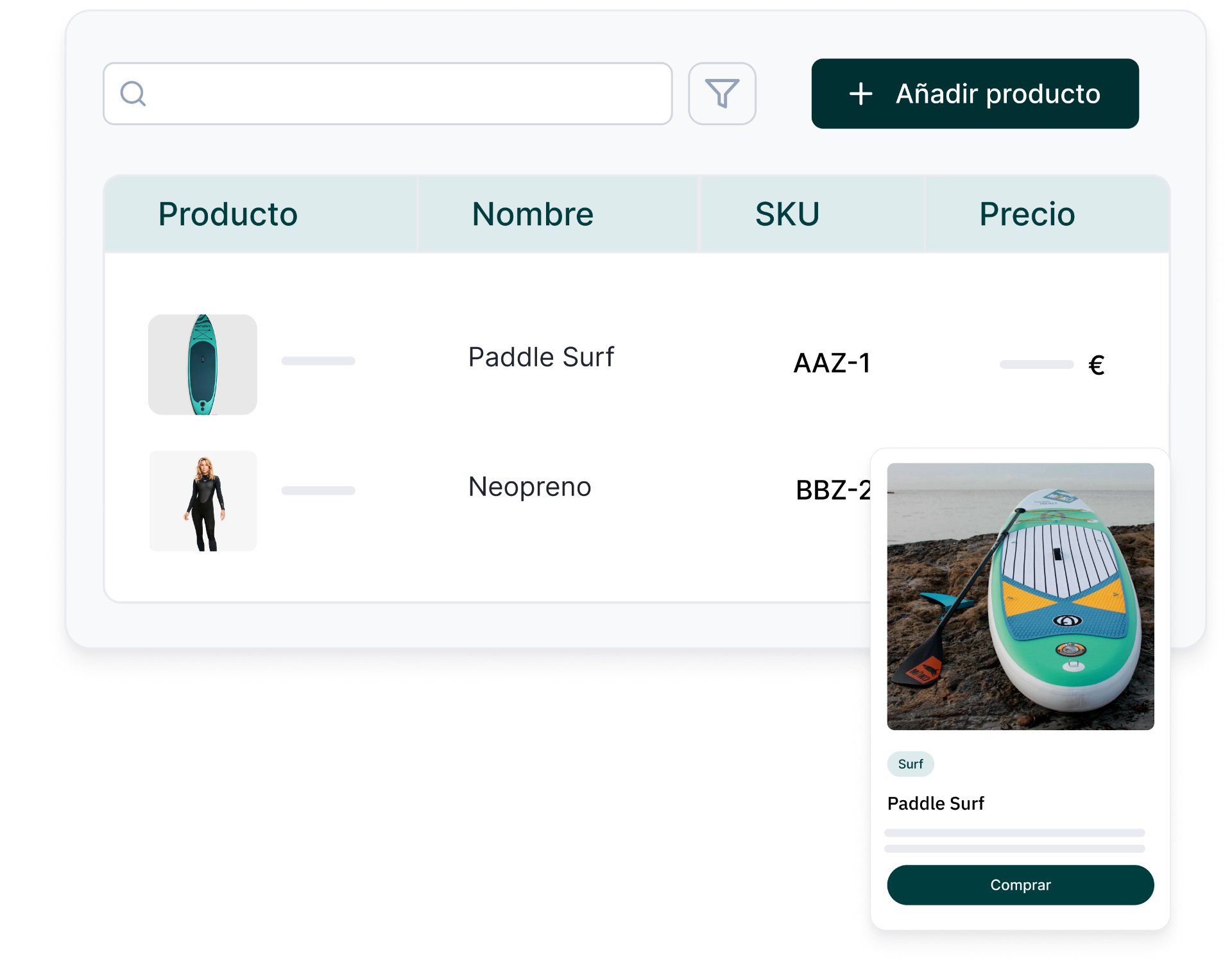 Catálogo de productos náuticos con tallas, SKU y precio