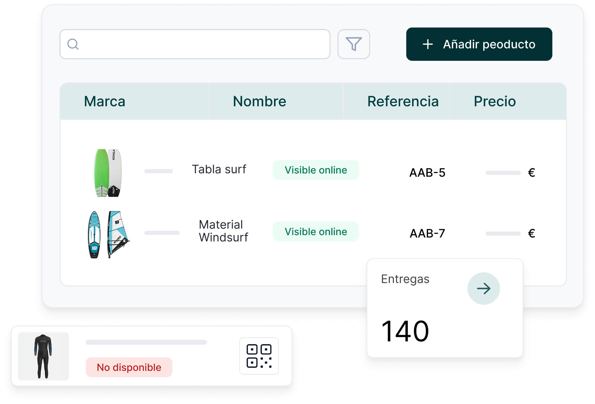 Inventario de material de surf y windsurf con stock en tiempo real