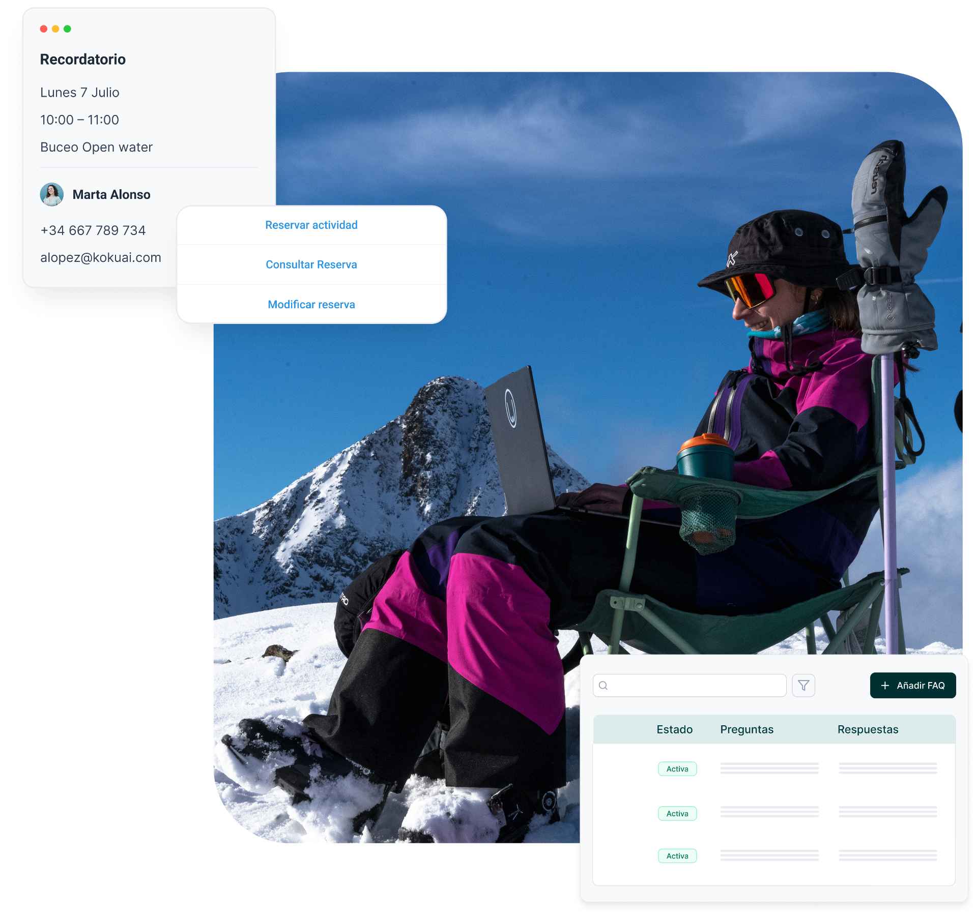 Persona usando Lueira en la montaña con recordatorio y panel de FAQ