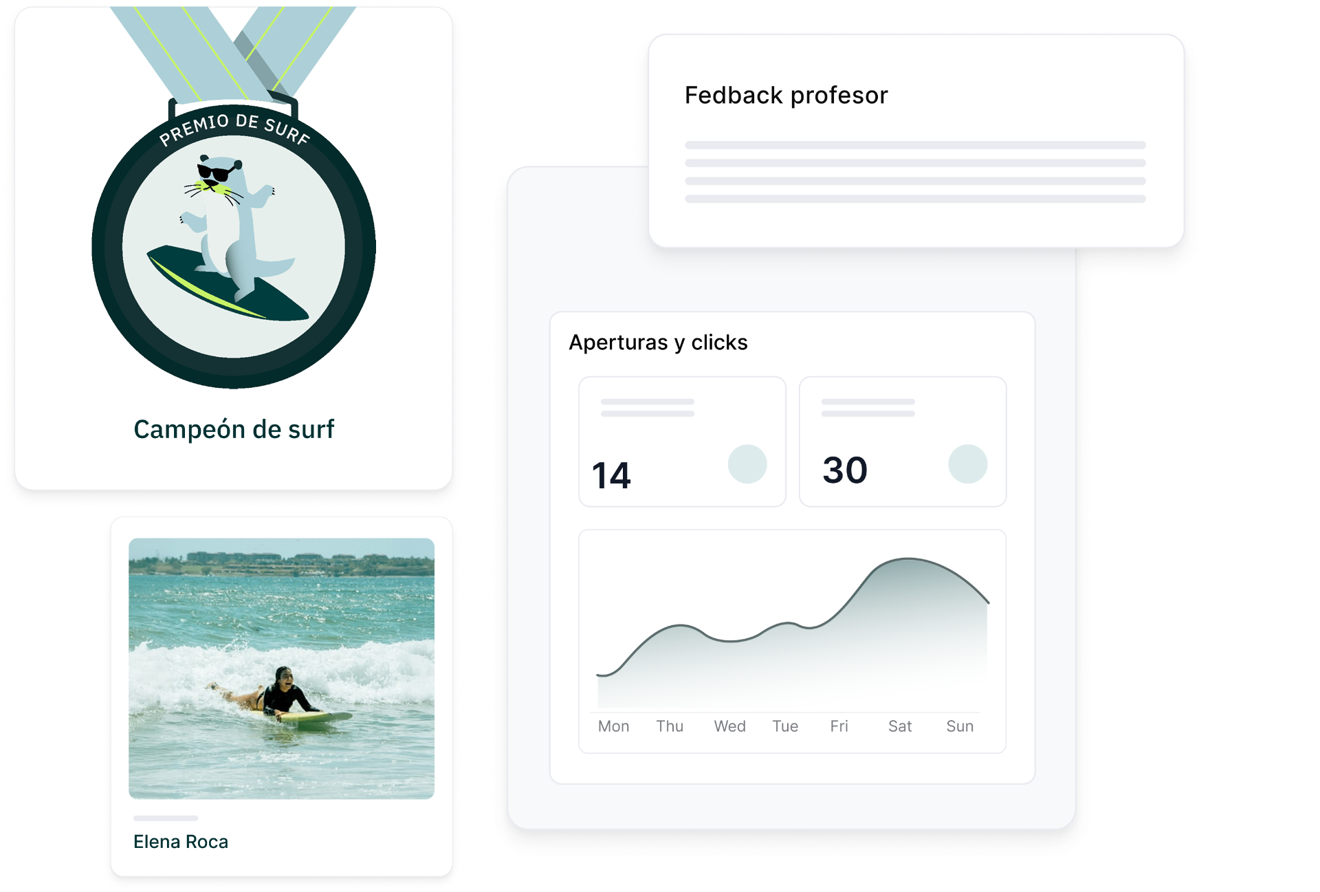 Medalla digital Campeón de surf con métricas de apertura