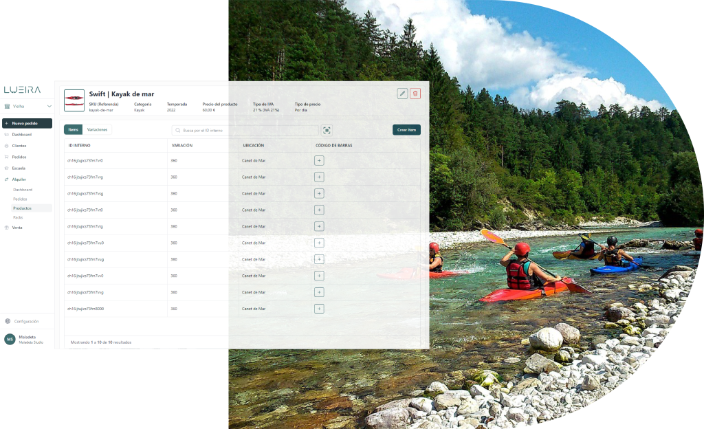 Imágen del software de gestión de empresas de turismo activo con imágen de un grupo haciendo kayak