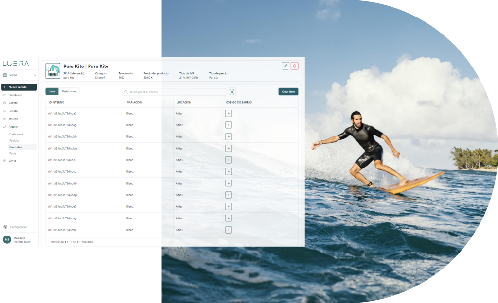 Imágen del software de gestión de empresas de surf con imágen de un chico surfeando