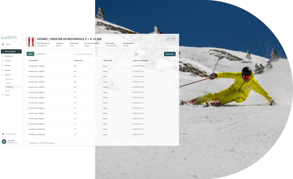 Software de gestión de esuelas de esquí, captura de la plataforma sobre imagen de esquiador